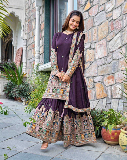 Chinon Silk   Embroidered  Palazzo Suit Festive Collections