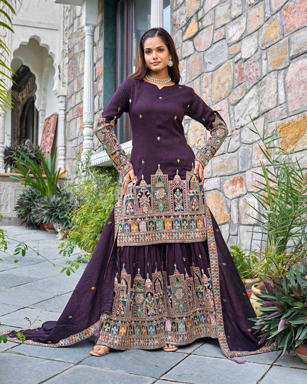 Chinon Silk   Embroidered  Palazzo Suit Festive Collections