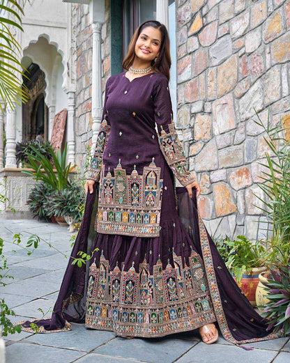 Chinon Silk   Embroidered  Palazzo Suit Festive Collections