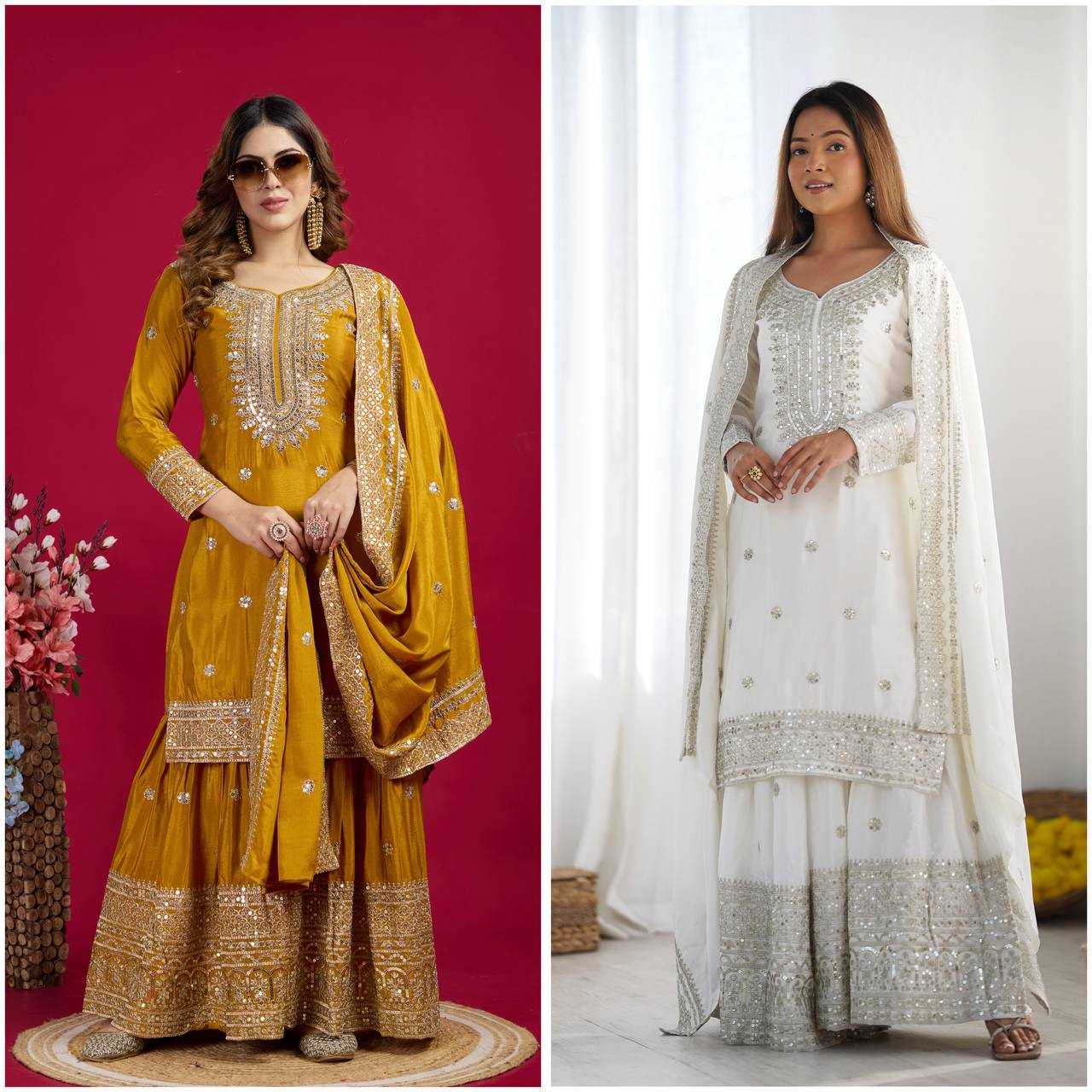 Chinon Silk Embroidery Sharara Salwar Suit