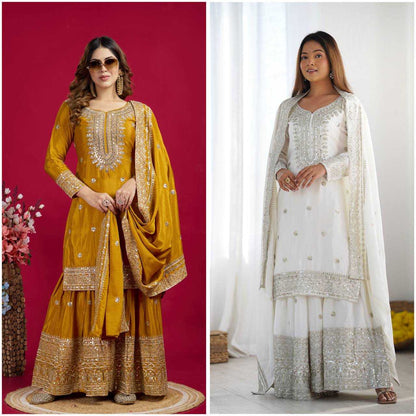 Chinon Silk Embroidery Sharara Salwar Suit