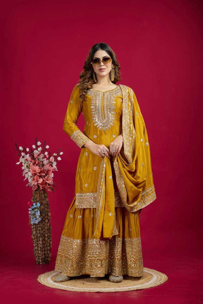 Chinon Silk Embroidery Sharara Salwar Suit