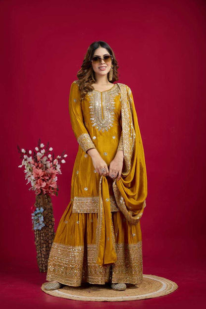 Chinon Silk Embroidery Sharara Salwar Suit