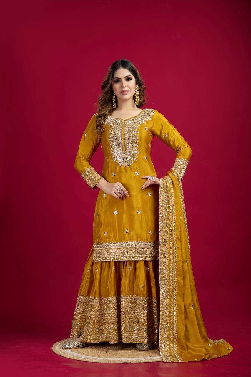 Chinon Silk Embroidery Sharara Salwar Suit