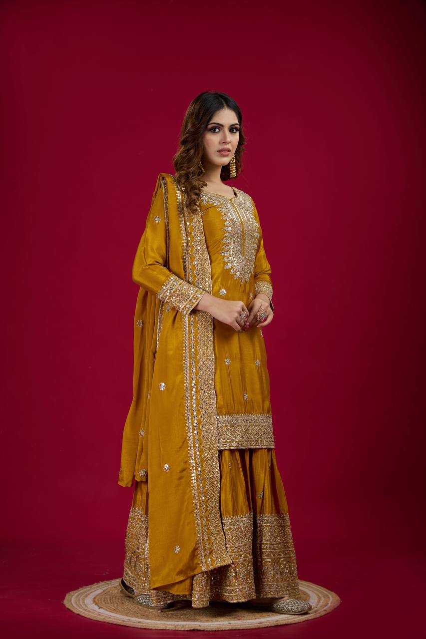 Chinon Silk Embroidery Sharara Salwar Suit