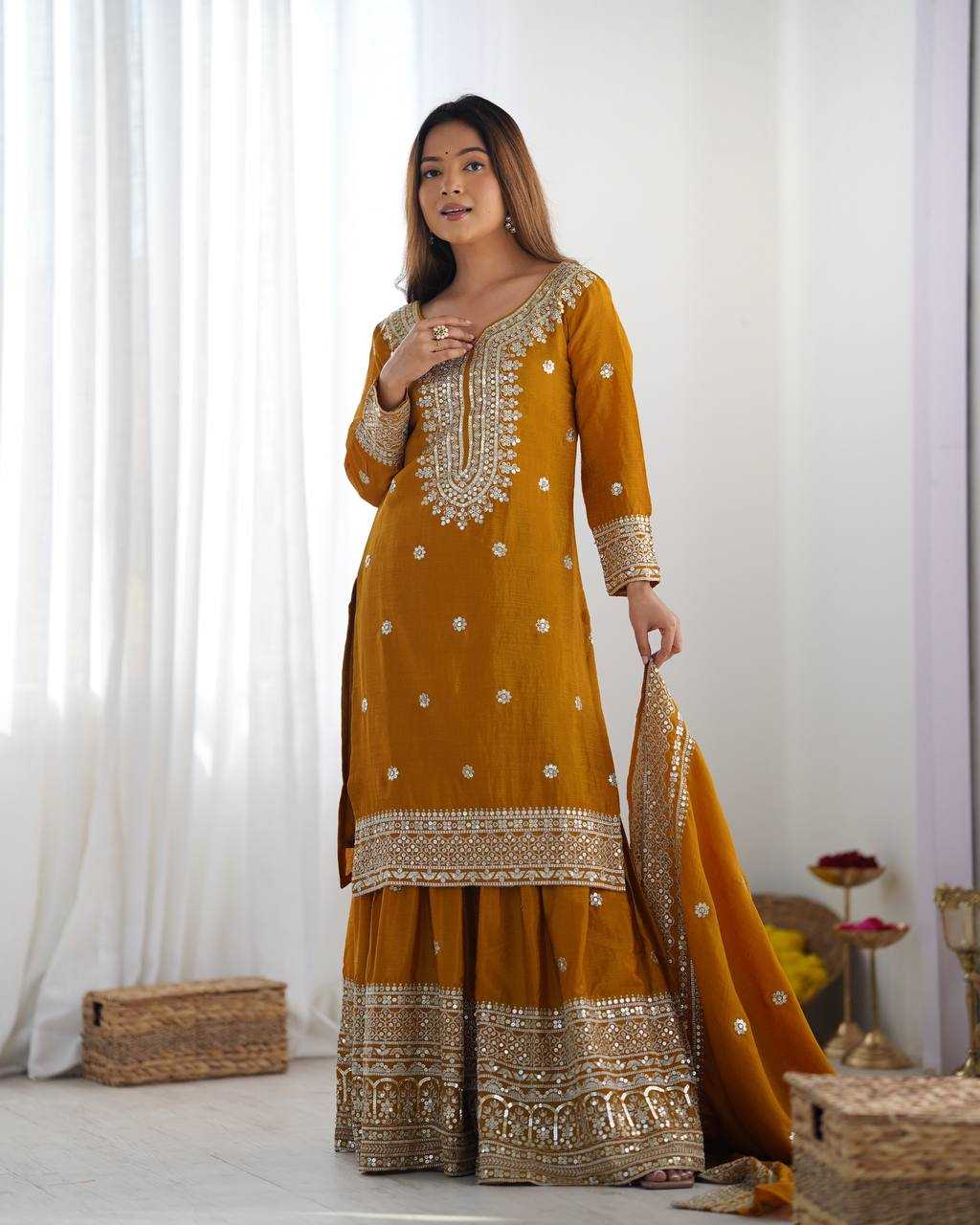 Chinon Silk Embroidery Sharara Salwar Suit