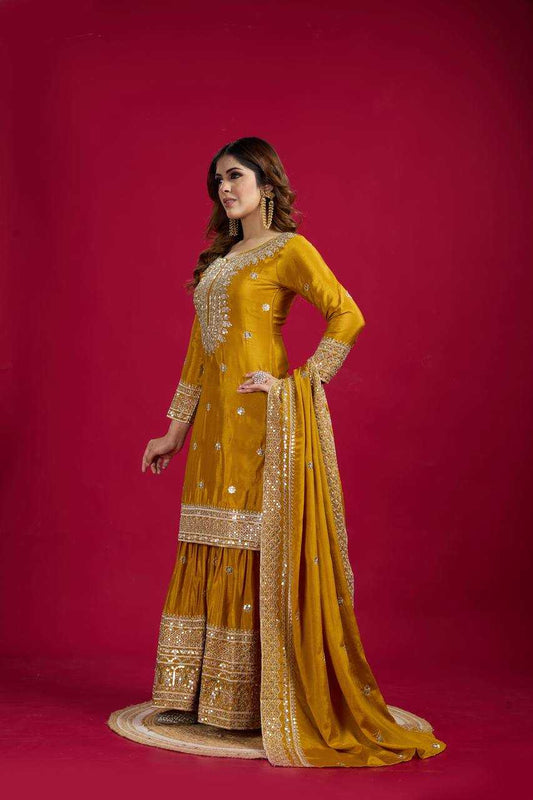 Chinon Silk Embroidery Sharara Salwar Suit