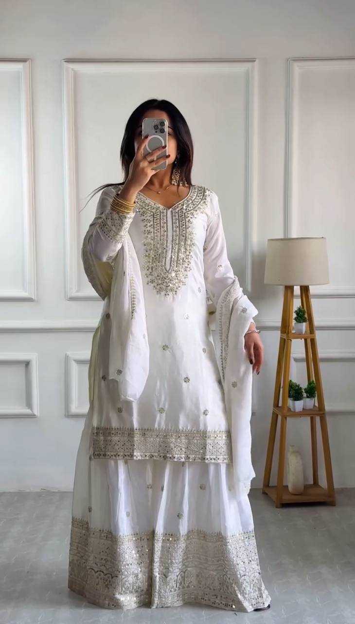 Chinon Silk Embroidery Sharara Salwar Suit