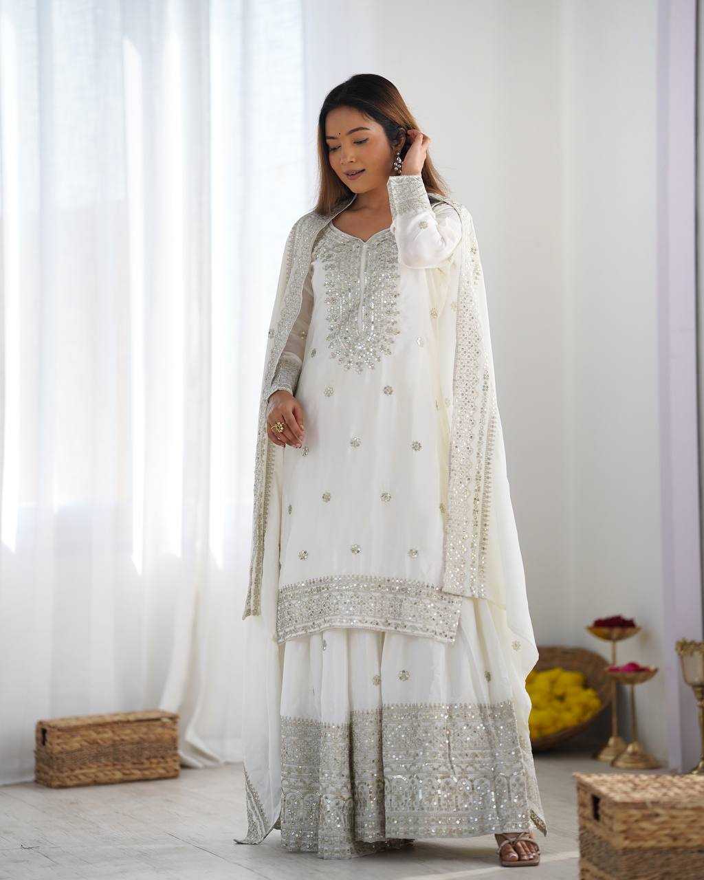 Chinon Silk Embroidery Sharara Salwar Suit