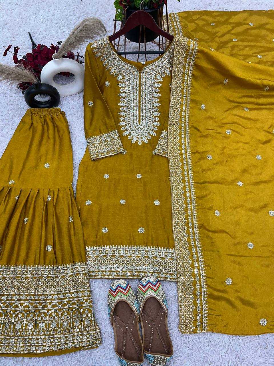 Chinon Silk Embroidery Sharara Salwar Suit