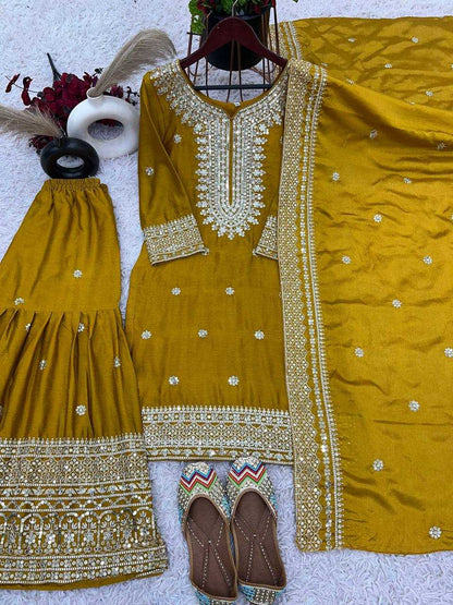 Chinon Silk Embroidery Sharara Salwar Suit
