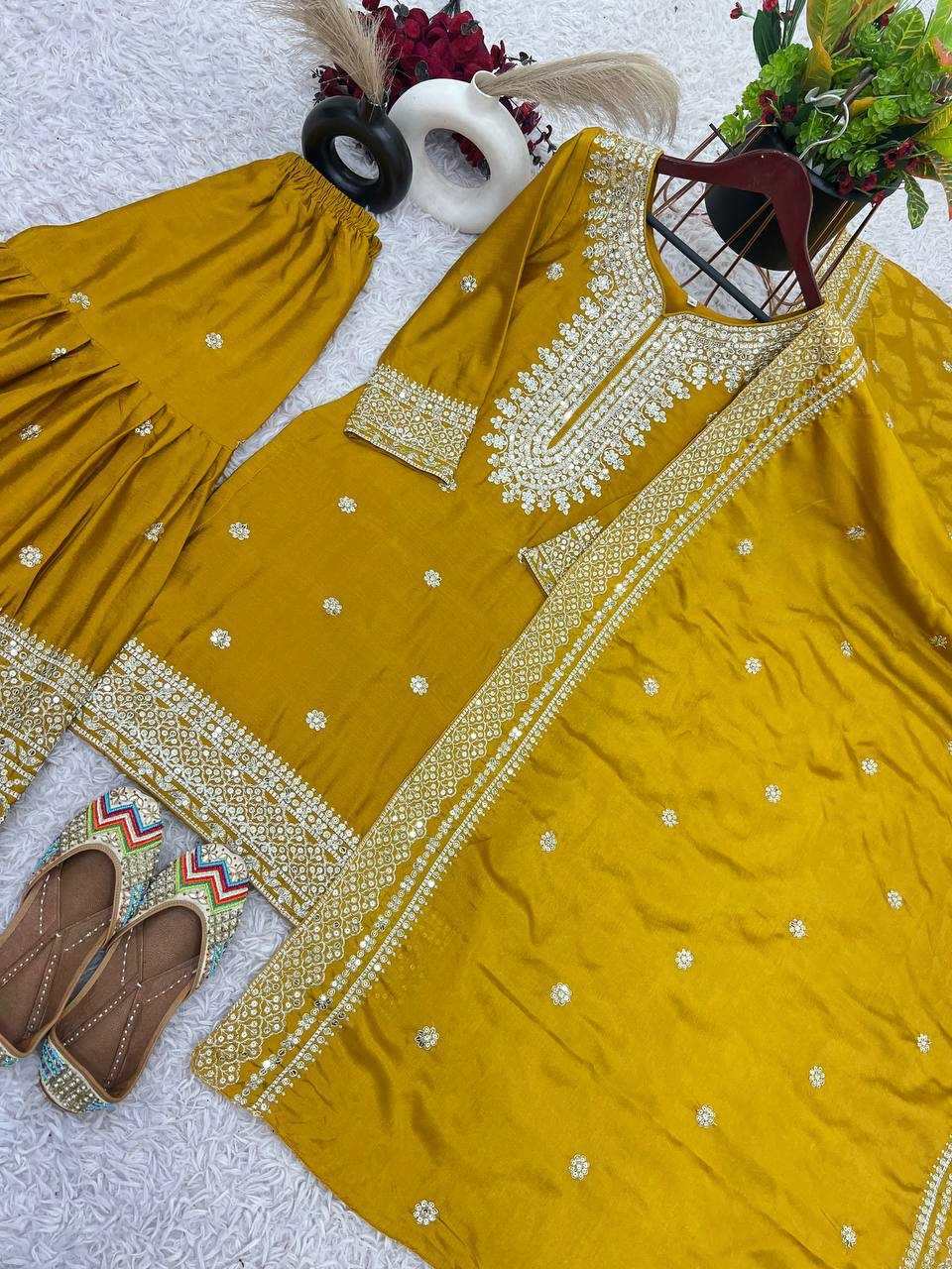 Chinon Silk Embroidery Sharara Salwar Suit
