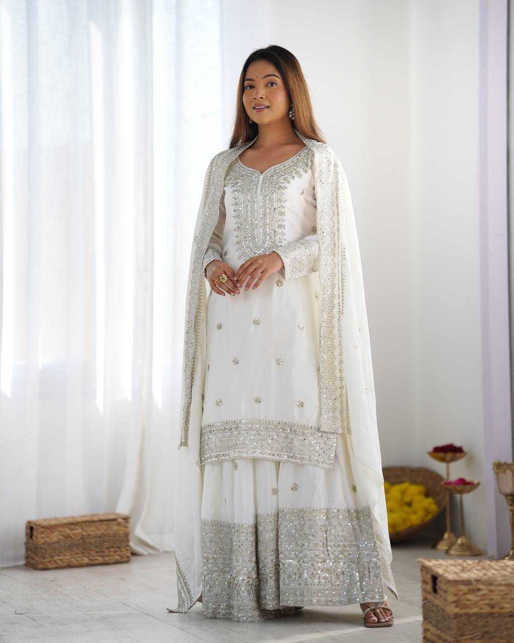 Chinon Silk Embroidery Sharara Salwar Suit