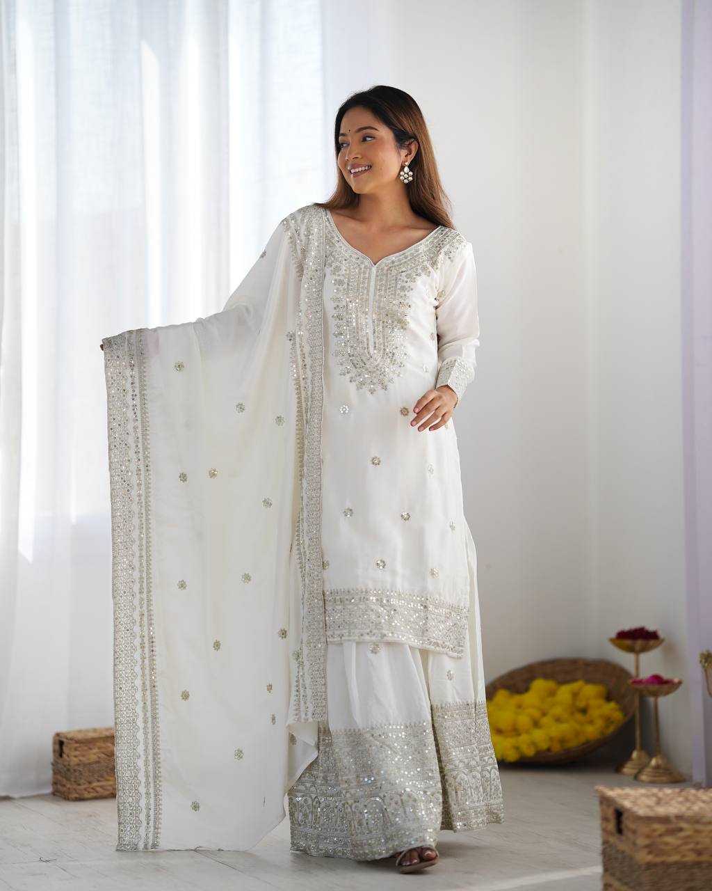 Chinon Silk Embroidery Sharara Salwar Suit