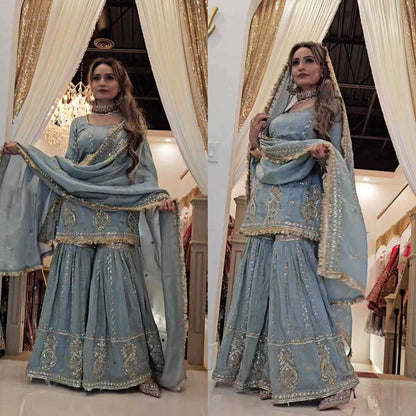Chinon Silk Embroidery Sharara Salwar Suits