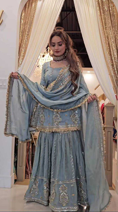 Chinon Silk Embroidery Sharara Salwar Suits