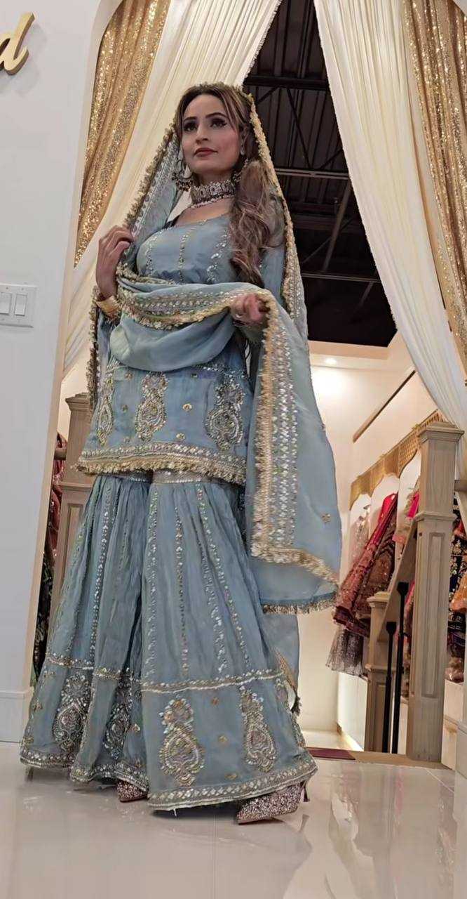 Chinon Silk Embroidery Sharara Salwar Suits