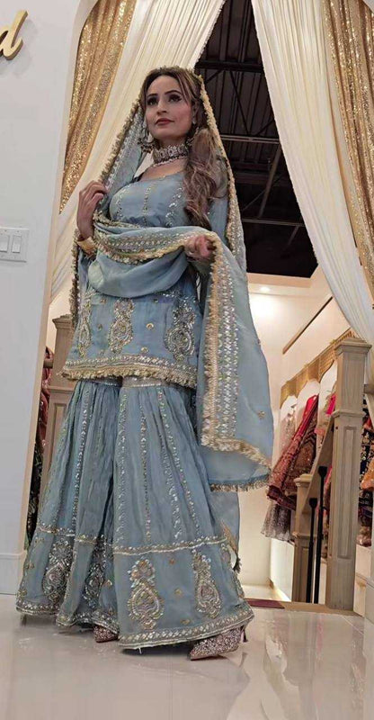 Chinon Silk Embroidery Sharara Salwar Suits