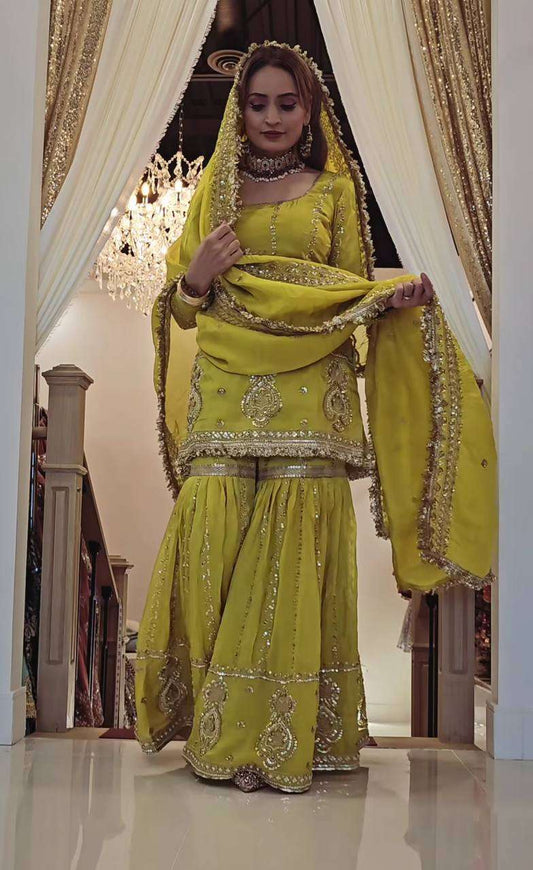 Chinon Silk Embroidery Sharara Salwar Suits