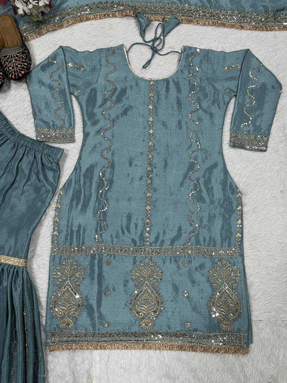 Chinon Silk Embroidery Sharara Salwar Suits