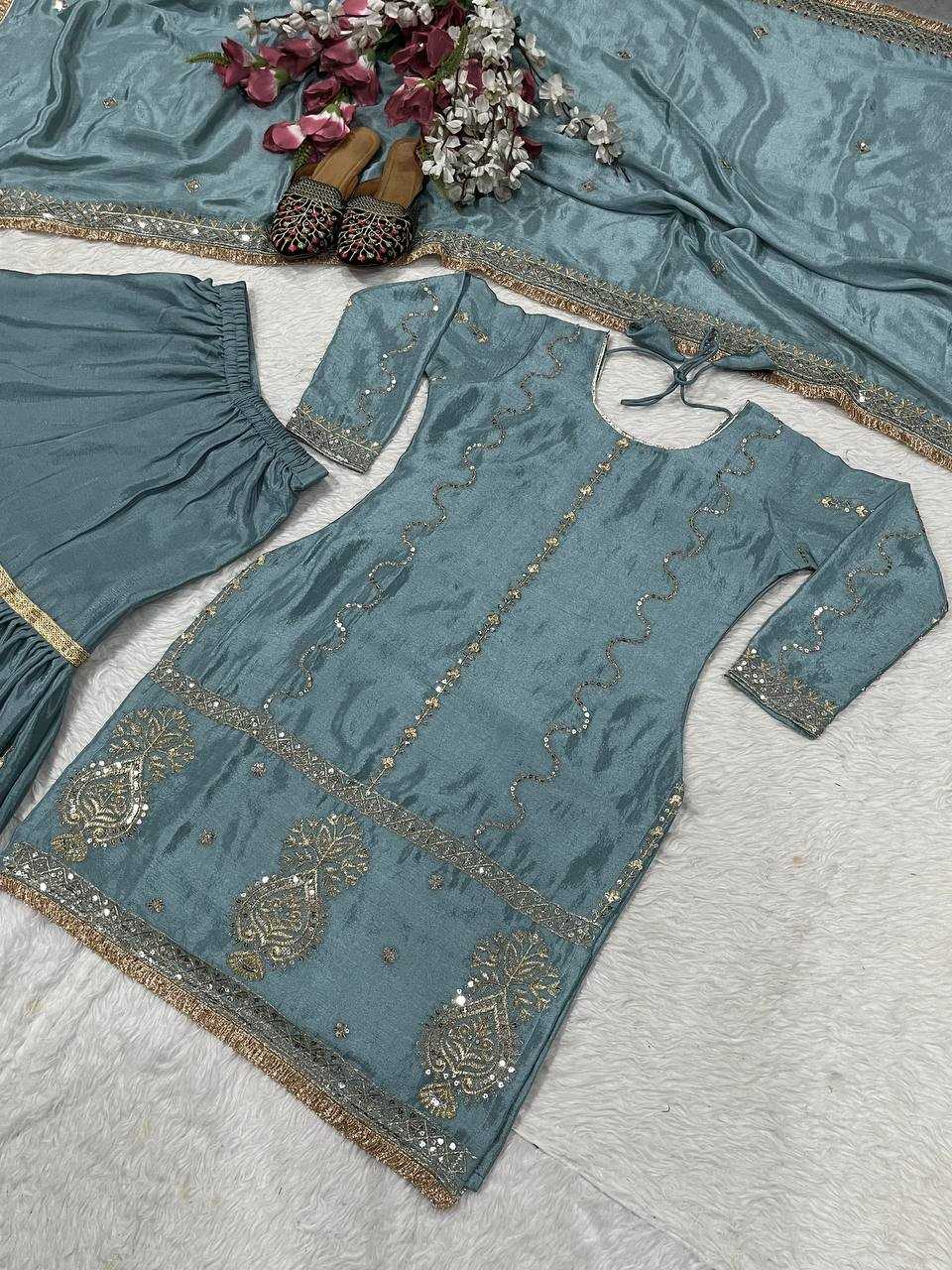 Chinon Silk Embroidery Sharara Salwar Suits