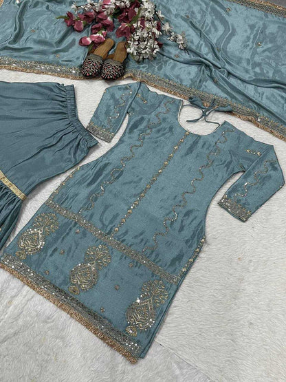 Chinon Silk Embroidery Sharara Salwar Suits