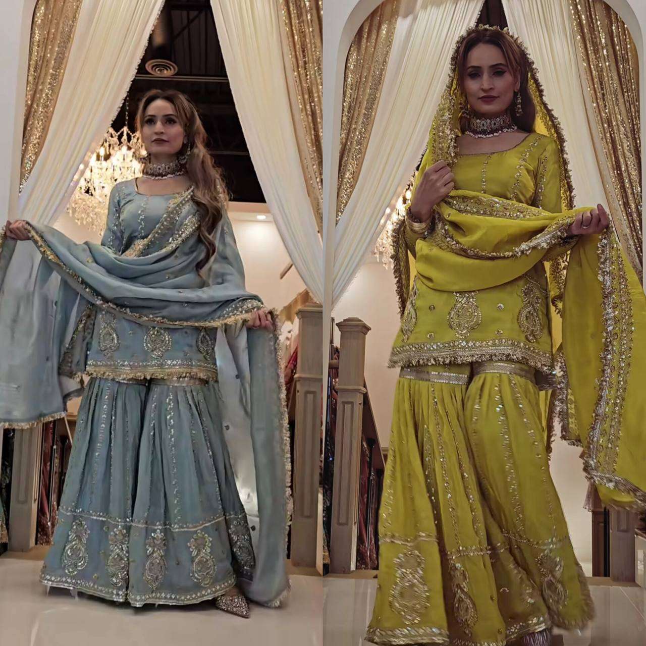Chinon Silk Embroidery Sharara Salwar Suits