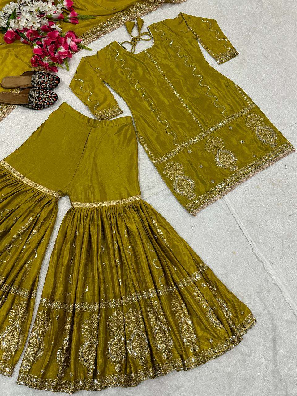 Chinon Silk Embroidery Sharara Salwar Suits