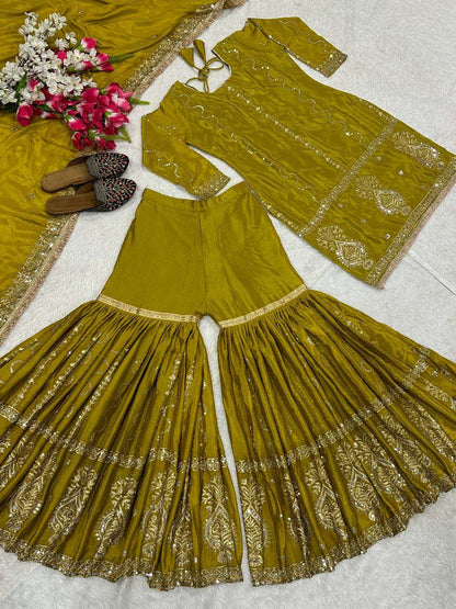 Chinon Silk Embroidery Sharara Salwar Suits