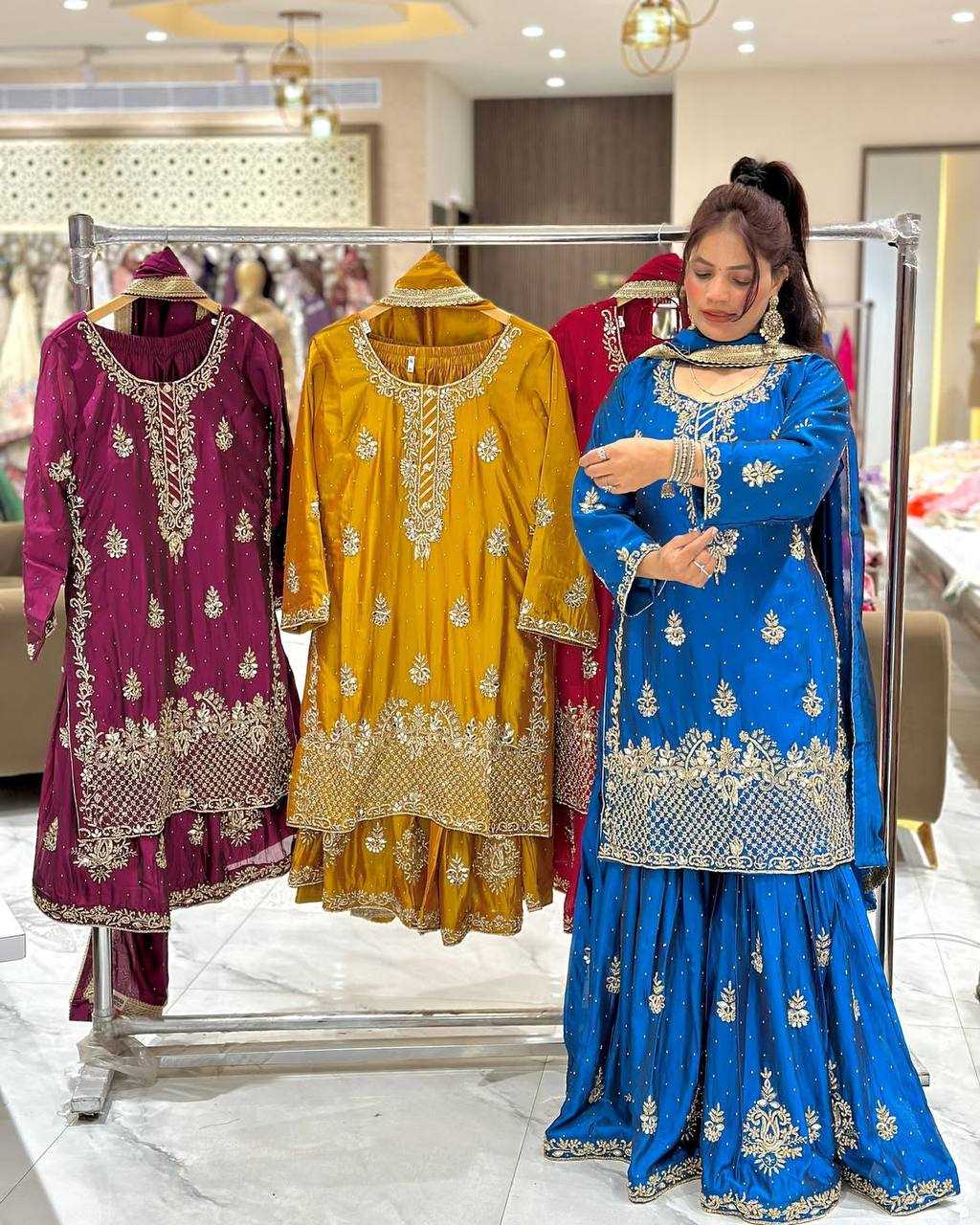 Chinon Silk Embroidery Sharara Salwar Wedding Suits
