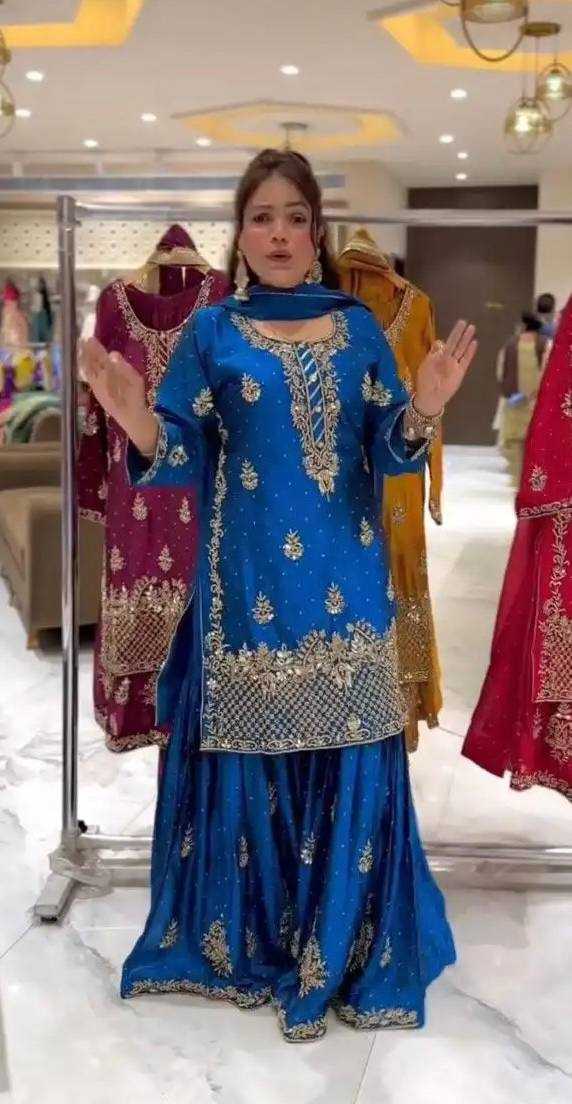 Chinon Silk Embroidery Sharara Salwar Wedding Suits