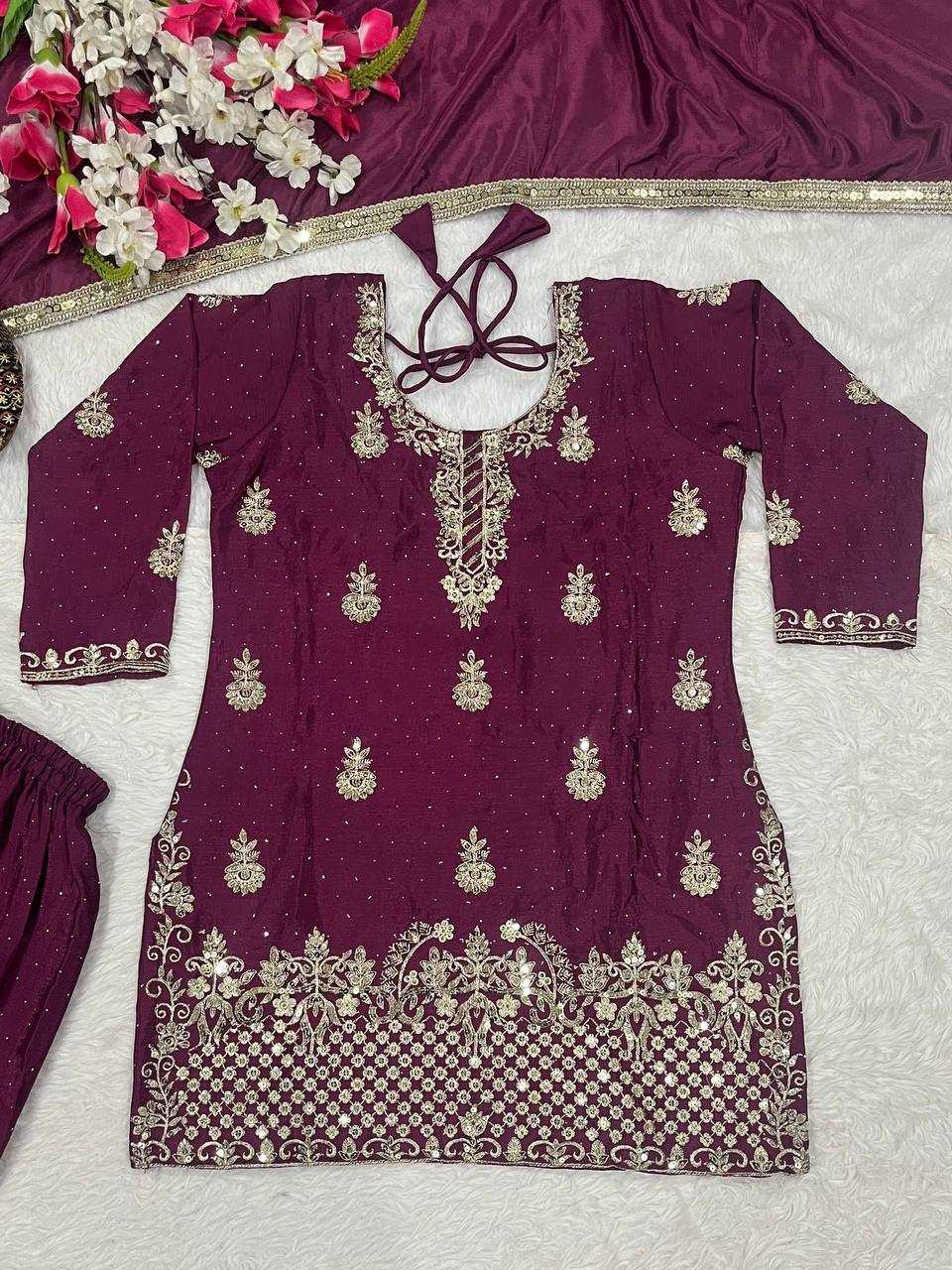 Chinon Silk Embroidery Sharara Salwar Wedding Suits