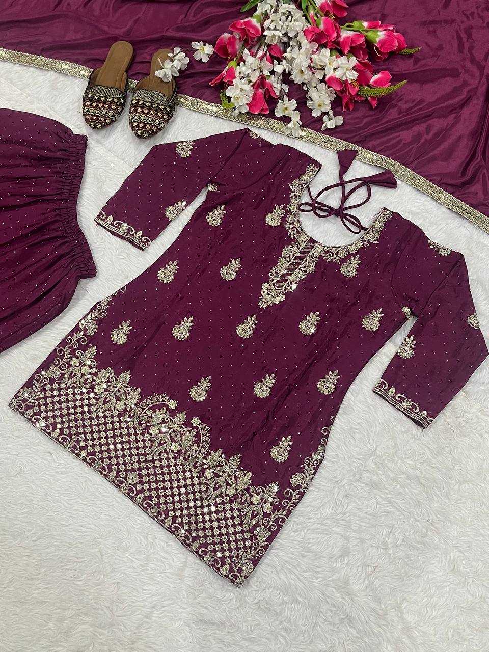Chinon Silk Embroidery Sharara Salwar Wedding Suits
