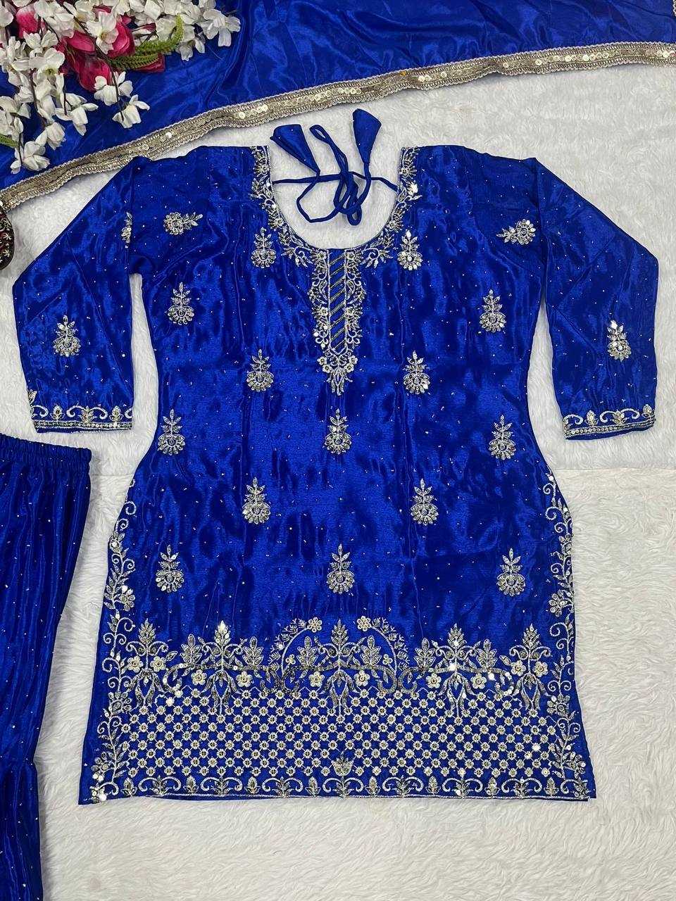 Chinon Silk Embroidery Sharara Salwar Wedding Suits