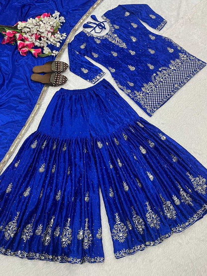Chinon Silk Embroidery Sharara Salwar Wedding Suits