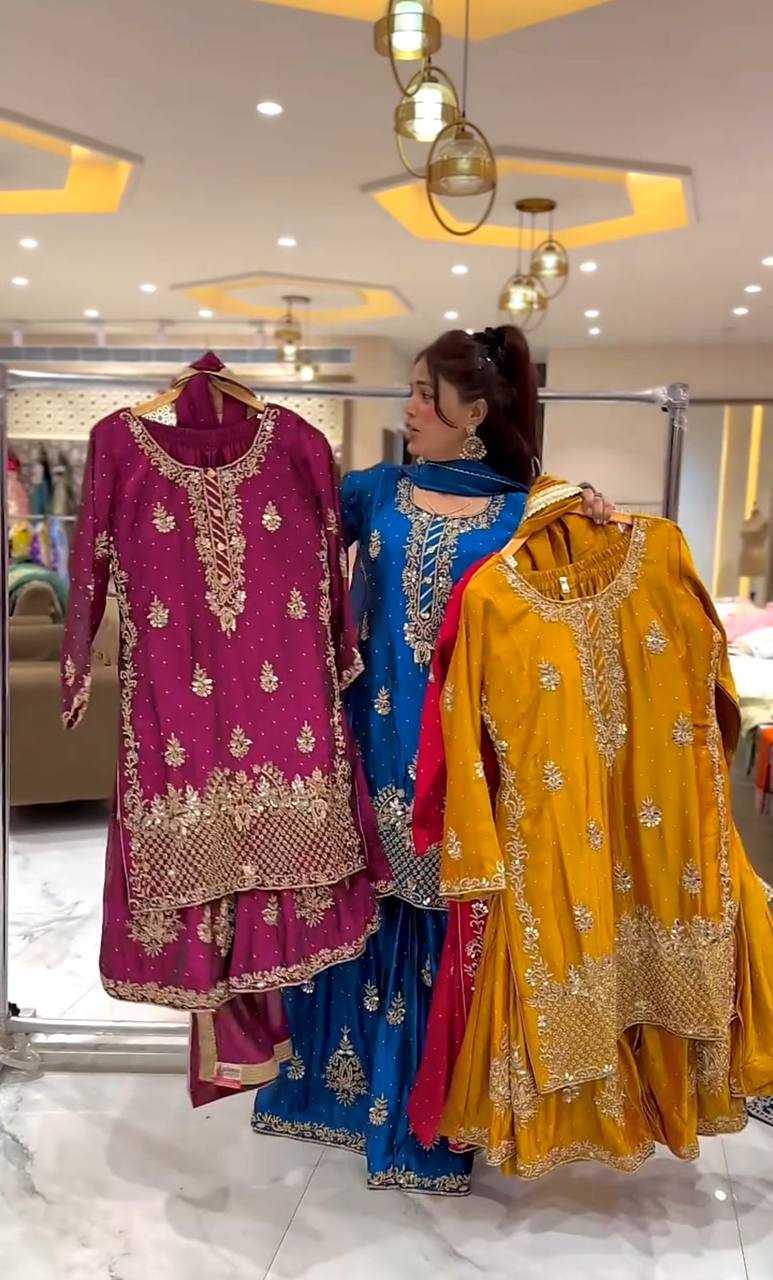 Chinon Silk Embroidery Sharara Salwar Wedding Suits