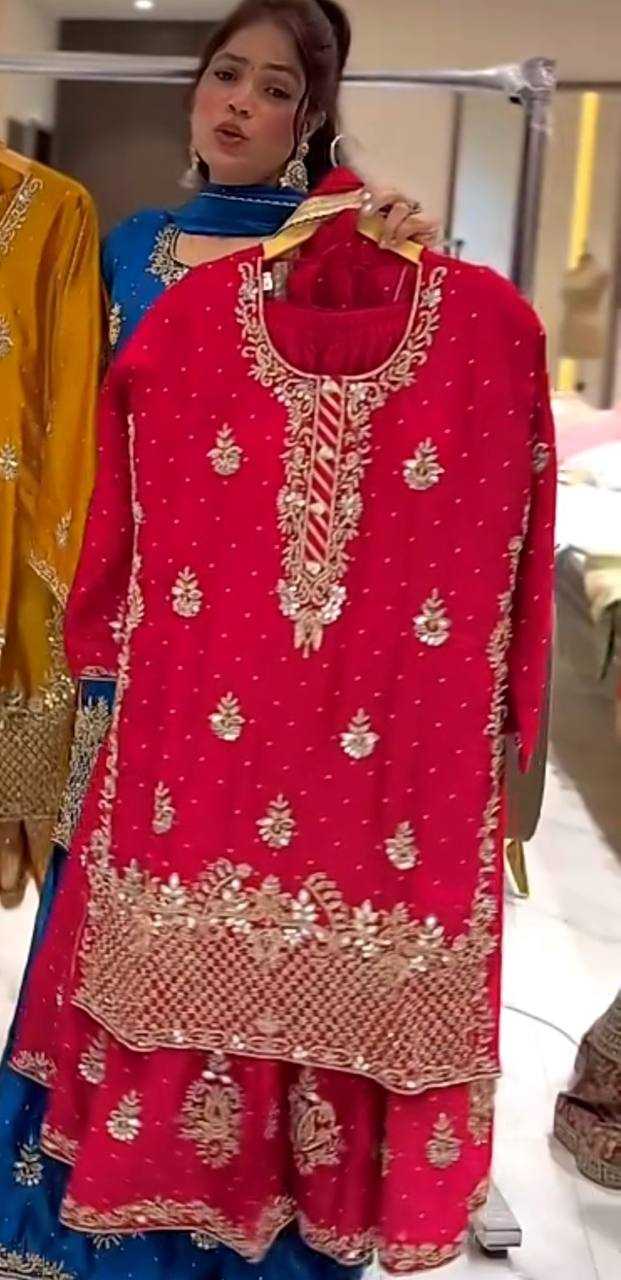 Chinon Silk Embroidery Sharara Salwar Wedding Suits