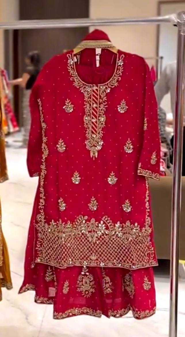 Chinon Silk Embroidery Sharara Salwar Wedding Suits