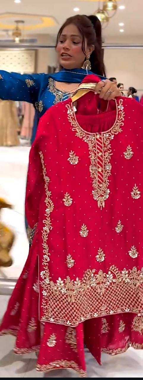 Chinon Silk Embroidery Sharara Salwar Wedding Suits