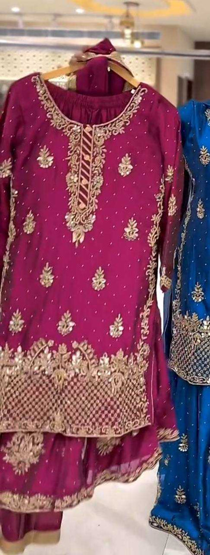 Chinon Silk Embroidery Sharara Salwar Wedding Suits