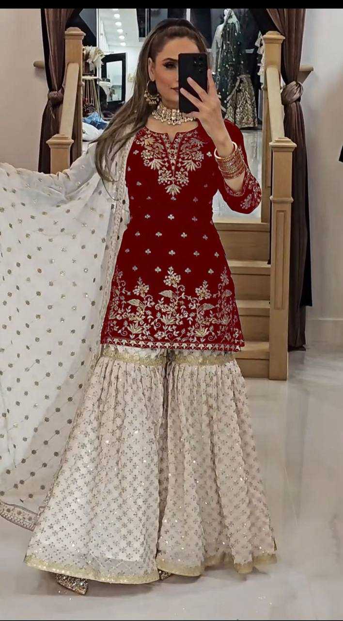 Faux Georgette Embroidery Sharara Salwar Suit