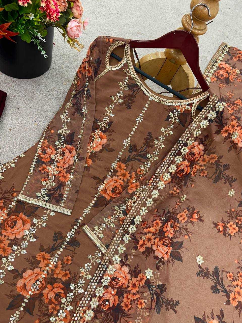 Printed  Georgette  Embroidery Sharara Salwar Suit