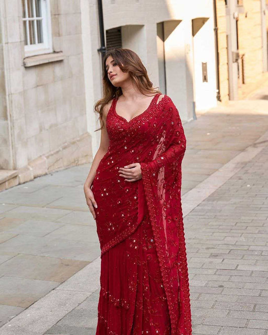 Georgette  LEELA Party Wear  Red Saree
