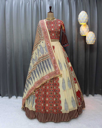 Navratri Chaniya Choli Muslin Cotton Mirror Work Lehenga