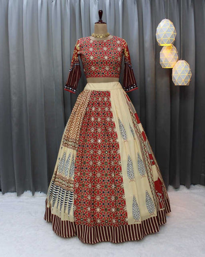 Navratri Chaniya Choli Muslin Cotton Mirror Work Lehenga