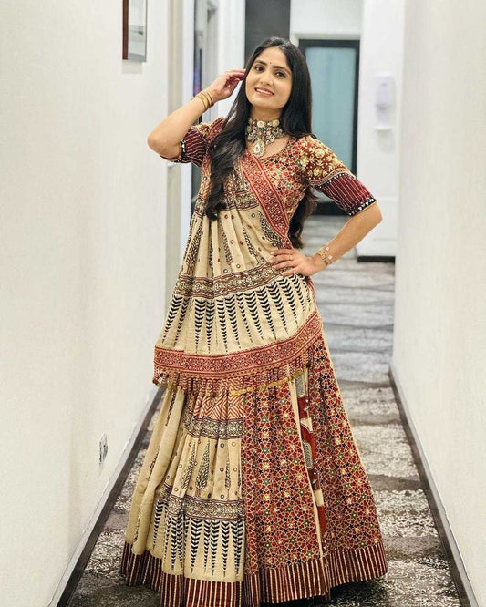 Navratri Chaniya Choli Muslin Cotton Mirror Work Lehenga