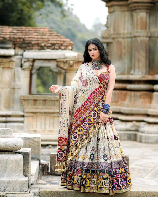 Navratri Chaniya Choli  Muslin Cotton Mirror Work Lehenga