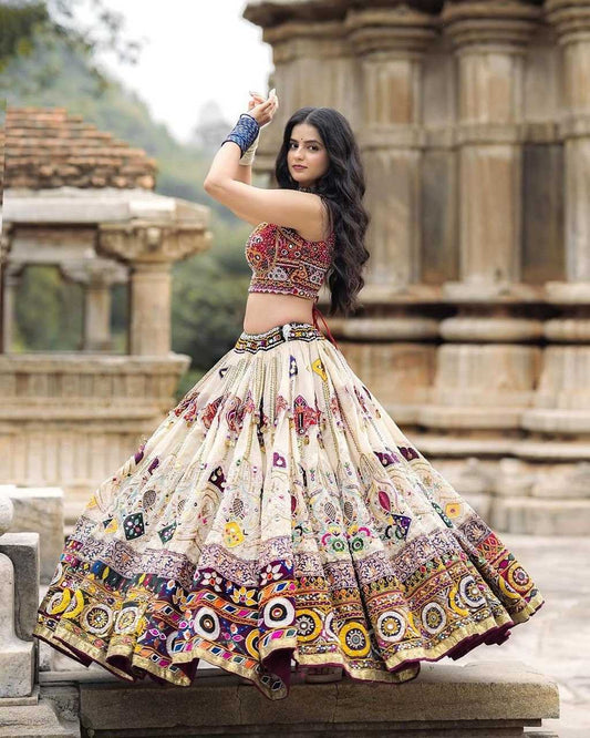 Navratri Chaniya Choli  Muslin Cotton Mirror Work Lehenga