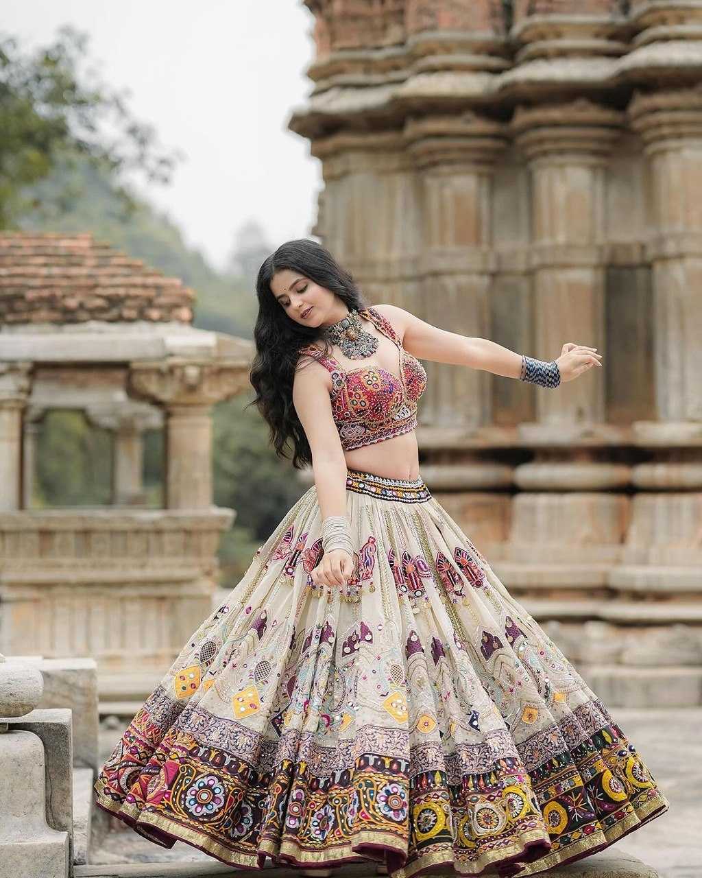 Navratri Chaniya Choli  Muslin Cotton Mirror Work Lehenga