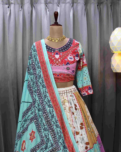 Navratri Chaniya Choli Muslin Cotton Mirror Work Lehenga